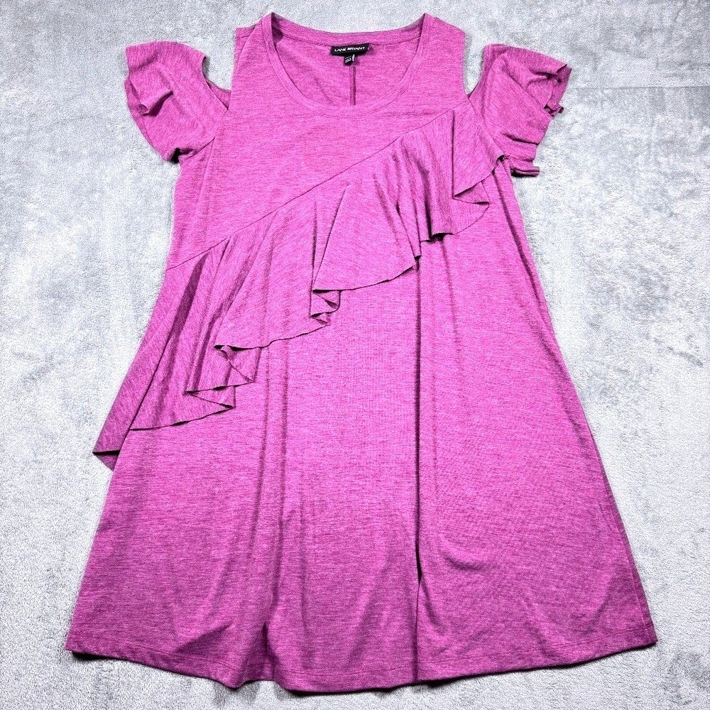 Lane Bryant Ruffle Shift Cold Shoulder Dress Plus Sz 14/16 Purple Knit